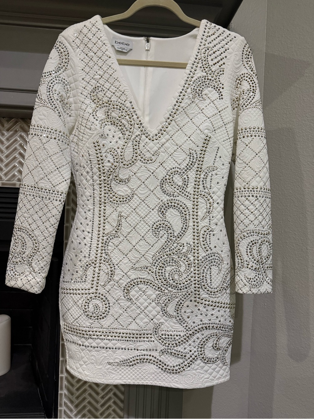 bebe White Studded Quilted V-Neck Long Sleeve Mini Dress